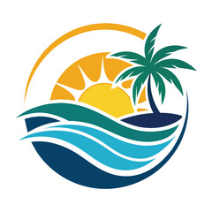 Wall Mural - A palm tree stands tall on a sandy beach with the ocean in the background, Beach or coast logo in simple sun and ocean shape