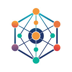 Poster - Stylized representation of a network formed by interconnected circles and dots, Craft a logo that represents connectivity without using detailed imagery