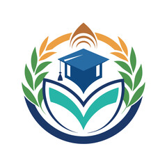 Poster - Logo design for a college featuring a mortar cap surrounded by leaves, symbolizing education and growth, Create a clean and minimalistic logo for an educational consulting firm