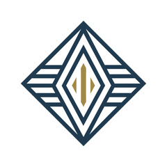 Poster - Logo design featuring white and blue colors with a diamond in the center, Create a minimalist logo with clean lines and geometric shapes
