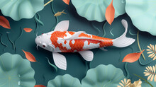 A Serene 3D Koi Fish Surrounded By Lily Pads And Autumn Leaves In A Stylized Underwater Setting.