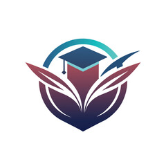 Poster - A logo design for a tech-focused educational institution, showcasing a mortar cap placed on top of a leaf, Design a sleek logo for a tech-focused educational startup