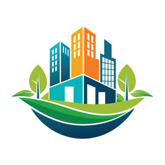 Sticker - A minimalist logo of a city featuring trees and buildings for a clean and modern design, A minimalist logo that symbolizes innovation and technology