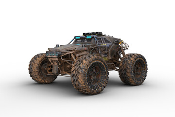 Poster - Fantasy future post apocalypse off road 4 wheel drive car. Isolated 3D rendered illustration.