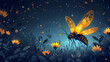 A digital illustration of a glowing firefly lighting up a mystical dark garden with vibrant flowers at night.