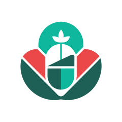 Sticker - Minimalist logo design featuring a green and red color scheme with a leaf symbol, Generate a minimalist design that conveys the essence of pharmaceuticals