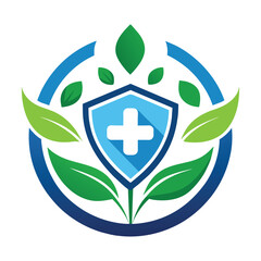 Canvas Print - A shield featuring intricate leaves and a cross design, symbolizing strength and protection, Health Care logo design template