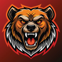 Sticker - A striking illustration of an intense, angry bears head against a vibrant red background, Intense Angry Bear Head Logo, Striking Illustration