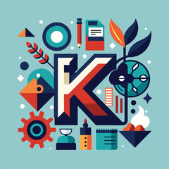 Poster - The letter K stands out amidst a collection of diverse objects in a dynamic composition, Letter K logo icon design template elements