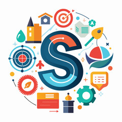 Poster - A letter S is surrounded by a variety of different items in this composition, Letter S logo icon design template elements