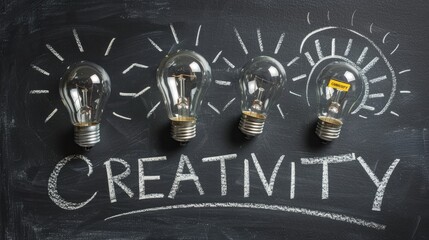Poster - Hand drawn chalk lettering CREATIVITY on blackboard next to glowing light bulbs symbolizing idea generation and brainstorming
