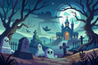 Haunted graveyard with spooky ghosts and eerie fog Illustration