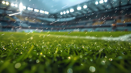 Wall Mural - green grass bottom view of a football stadium in the rain