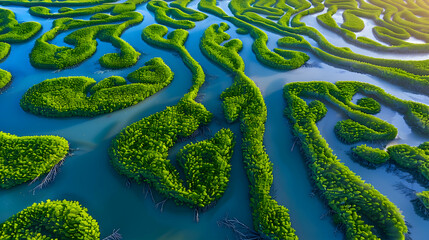 A dense mangrove forest, aerial photography to show the complex network of roots and water channels