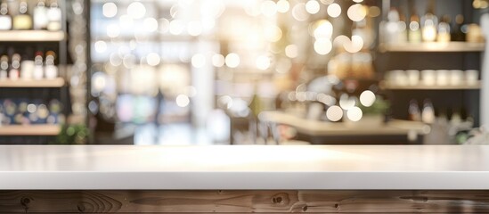 Canvas Print - A white table displayed against a blurred background with a wooden counter, shelf surface, and a white bokeh background