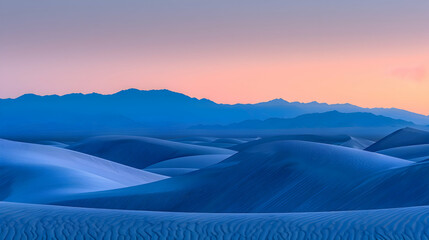 Wall Mural - A desert at twilight, the sand taking on cool blue tones while the sky above transitions from orange to deep blue, gradient filter to enhance the skya??s drama