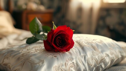 Poster - A single red rose sitting on a pillow in front of the bed, AI