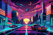 Retro-futuristic city with flying cars and neon lights Illustration
