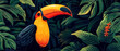 Vibrant illustration of a toucan among dense tropical leaves and flora, wildlife theme.