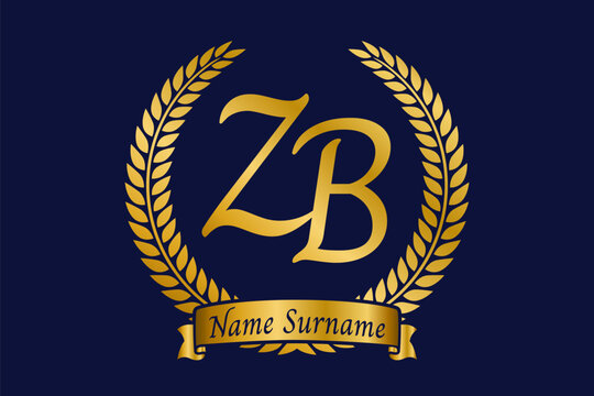 Initial letter Z and B, ZB monogram logo design with laurel wreath. Luxury golden calligraphy font.