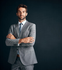Poster - Studio, portrait and confident business man, lawyer in corporate suit and professional advisor in law firm. Attorney, career and legal consultant or employee, serious and proud black background