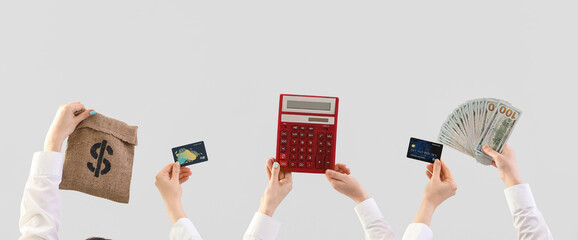 Poster - Women with money, bag, calculator and credit cards on light background