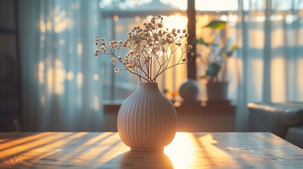 Wall Mural - A white vase with flowers sits on a wooden table