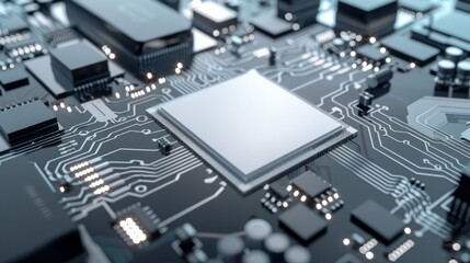 Poster - The CPU processor chip is on circuit board, light white and light gray design, dynamic energy flow