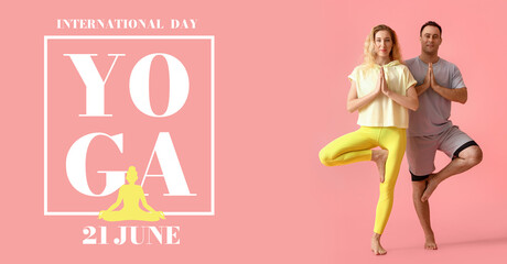 Poster - Sporty couple practicing yoga on color background