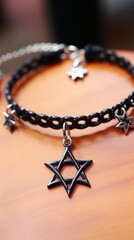 Wall Mural - A black bracelet with a star of david charm and silver stars, AI