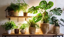 Room Interior, Full Of Tropical Green Plants In Pots. Natural Tropical Jungle At Home. 