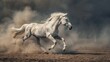 Dramatic view portrait grey horse stallion running fast in dust on dark background. AI generated