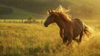 Portrait closeup a brown long mane horse running freedom on green field. AI generated image
