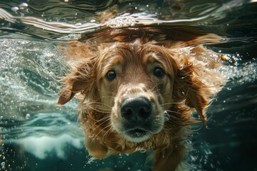 Wall Mural - A dog is swimming in a pool. Summer heat concept, background