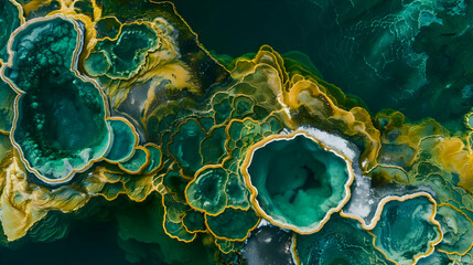 Poster - A series of geothermal pools with vibrant turquoise waters, aerial photography to show the abstract patterns and colors from above