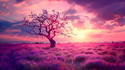 Poster - A stark dead tree in a vibrant lavender field at sunset, silhouette technique to contrast the lifeless form with vivid colors