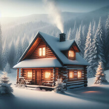 Visualization Of A Christmas Rustic Log Cabin Tucked Away In A Serene Snowy Landscape With Smoke Rising From The Chimney, Indicating A Warm Fire Inside.