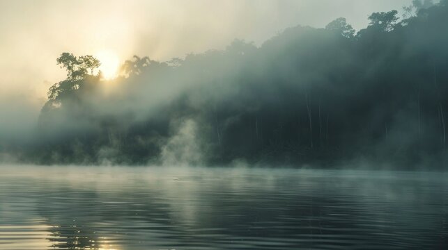 Amazon river in the middle of the forest with fog in Latin America, Colombia, Venezuela, Brazil