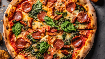 Wall Mural - A pizza with pepperoni and spinach on it.