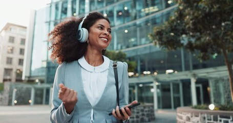 Poster - Headphones, dance and business woman in city, smartphone and streaming music or audio track with radio. Happy, professional and excited person on morning commute, travel and journey to office