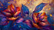 Painting technique of abstract oil paintings. Flowers, leaves. Future is stylish on paper. Luminous golden texture. Wall papers, posters, cards, murals, carpets, decorations, wall paintings,