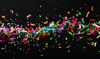 Wall Mural - falling glittering gold or colorful confetti texture overlay isolated on black background for festive event decoration. Colorful confetti celebration. High quality AI generated image