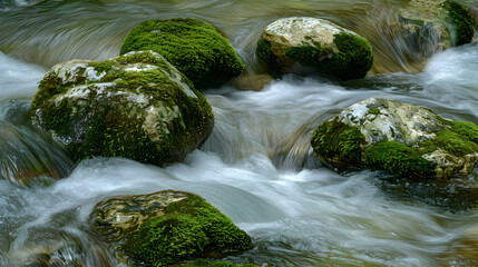 Sticker - Moss-covered rocks in a mountain stream, focus stacking to ensure all elements from foreground to background are in sharp focus