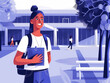 Illustration of a smiling female student with a backpack holding books at a college campus.