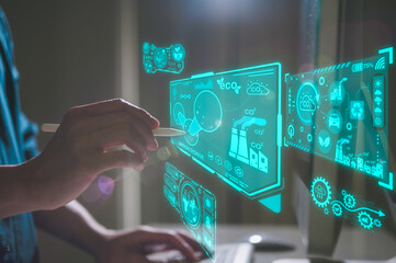 Man hand using computer and pen with virtual modern reduce co2 emission concept with icons global warming emissions carbon footprint climate change to limit global warming energy