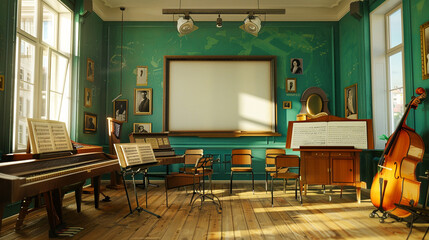 Wall Mural - A classroom with musical instruments, an empty whiteboard, and posters depicting famous composers.