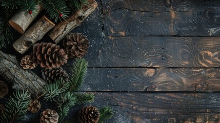 Sticker - Christmas themed background with a fir tree pine cones and firewood on a wooden table