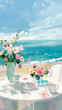 Cozy seaside cafe with fresh flowers and afternoon tea setup, ideal for lifestyle and travel blog content.