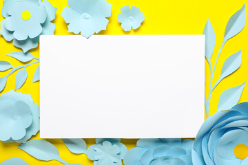 Wall Mural - Blank card with blue origami flowers and leaves on yellow background