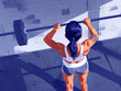 An illustration of a woman lifting weights in a gym with a focused demeanor.